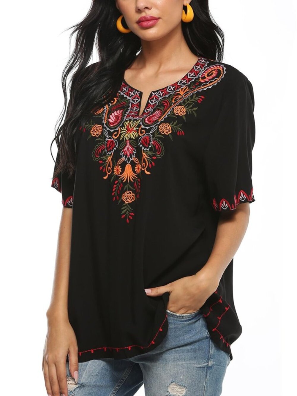 Mexican Embroidered Tops for Women Bohemian Peasant Shirts Boho Tunic